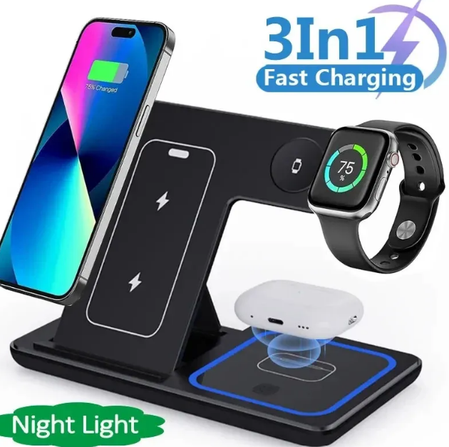 Cargador Inalámbrico 3 en 1 Plegable 15W con Luz LED
