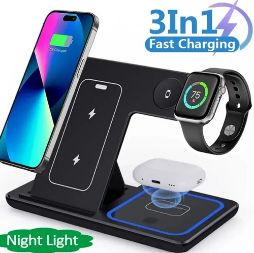 Cargador Inalámbrico 3 en 1 Plegable 15W con Luz LED