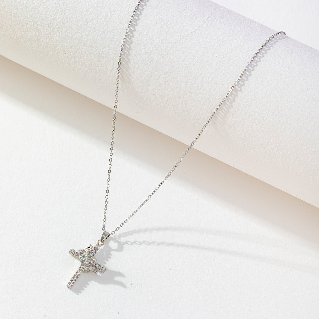 Collar Cruz con Corona y Circonitas · Plateado