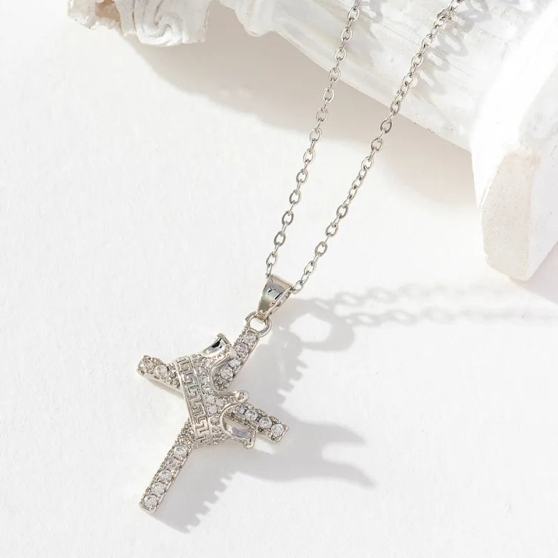 Collar Cruz con Corona y Circonitas · Plateado