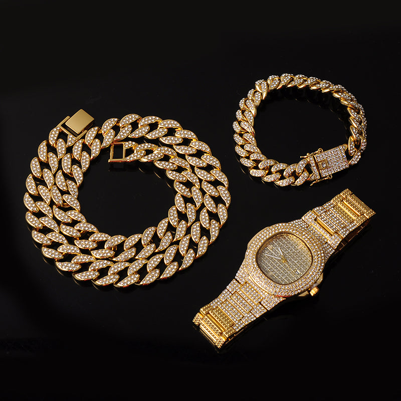 Conjunto Cadena Cubana · Collar, Pulsera y Reloj